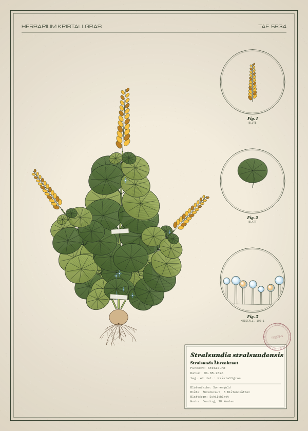 Botanische Tafel: Stralsundia stralsundensis, eine erfundene Pflanze aus Stralsund, gezeichnet wie in einem alten Pflanzenatlas