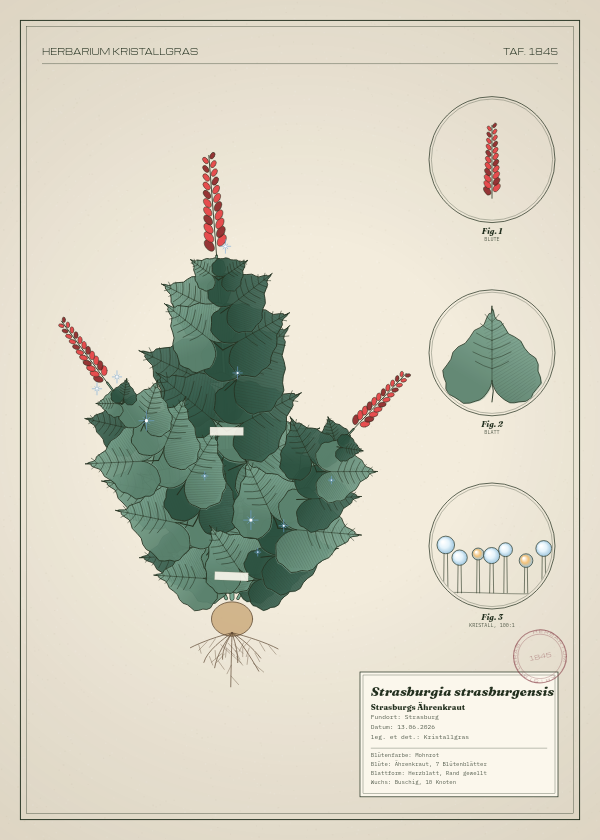 Botanische Tafel: Strasburgia strasburgensis, eine erfundene Pflanze aus Strasburg, gezeichnet wie in einem alten Pflanzenatlas