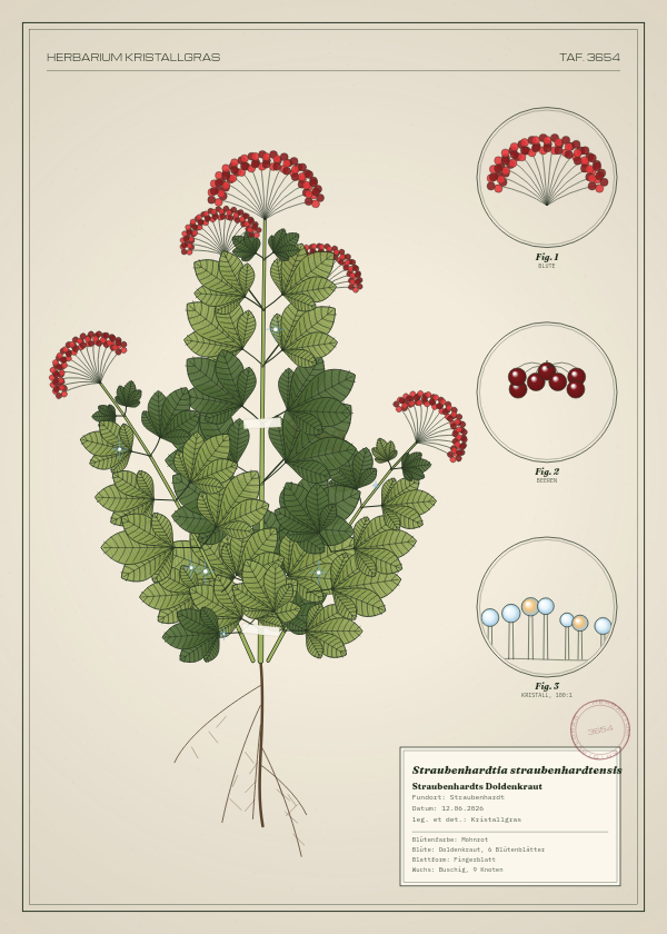 Botanische Tafel: Straubenhardtia straubenhardtensis, eine erfundene Pflanze aus Straubenhardt, gezeichnet wie in einem alten Pflanzenatlas