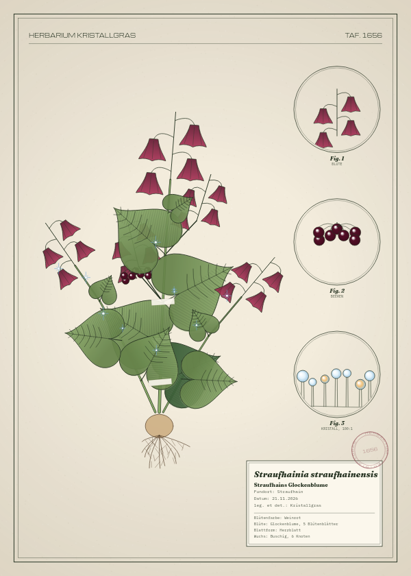 Botanische Tafel: Straufhainia straufhainensis, eine erfundene Pflanze aus Straufhain, gezeichnet wie in einem alten Pflanzenatlas