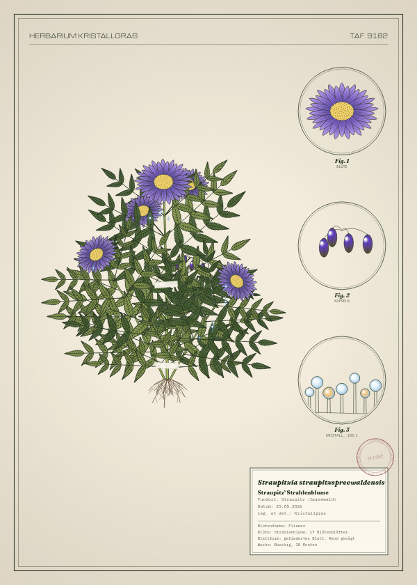 Botanische Tafel: Straupitzia straupitzspreewaldensis, eine erfundene Pflanze aus Straupitz (Spreewald), gezeichnet wie in einem alten Pflanzenatlas
