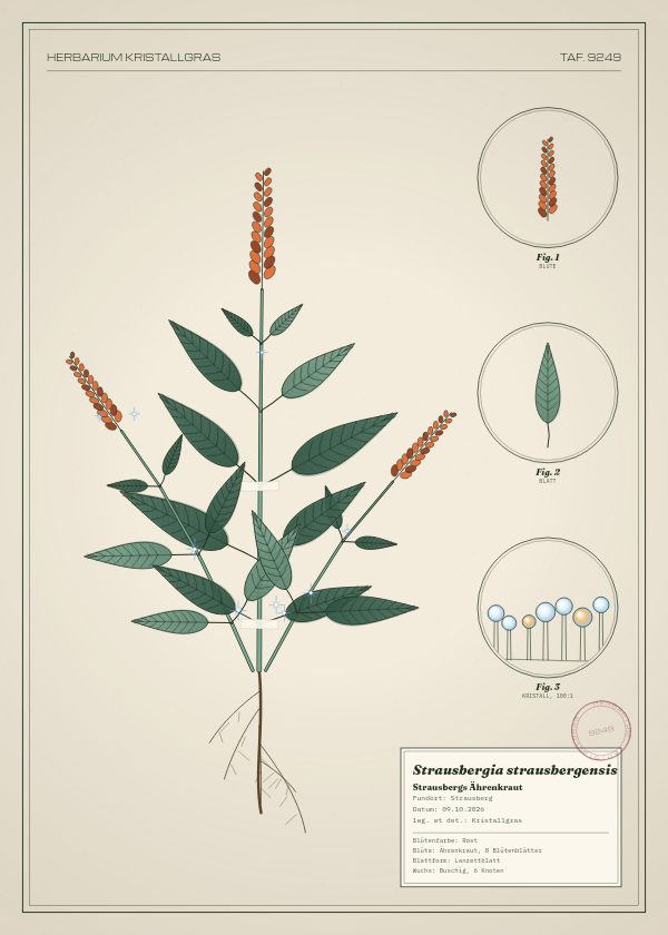 Botanische Tafel: Strausbergia strausbergensis, eine erfundene Pflanze aus Strausberg, gezeichnet wie in einem alten Pflanzenatlas