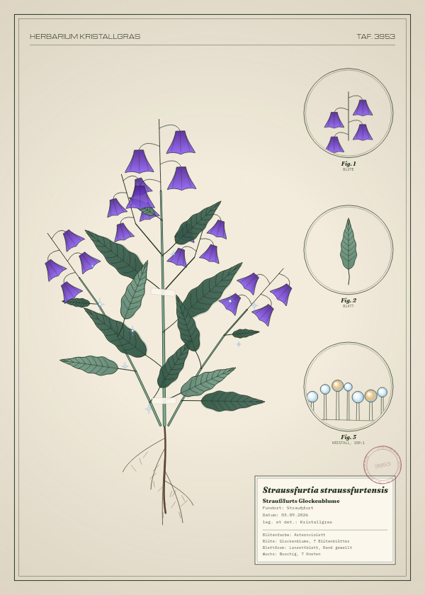 Botanische Tafel: Straussfurtia straussfurtensis, eine erfundene Pflanze aus Straußfurt, gezeichnet wie in einem alten Pflanzenatlas