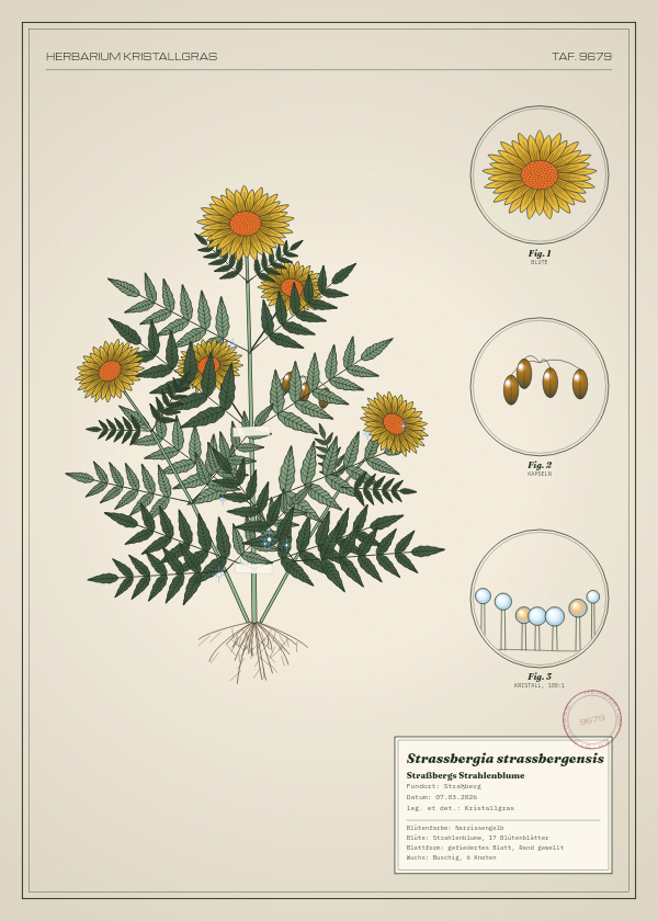 Botanische Tafel: Strassbergia strassbergensis, eine erfundene Pflanze aus Straßberg, gezeichnet wie in einem alten Pflanzenatlas
