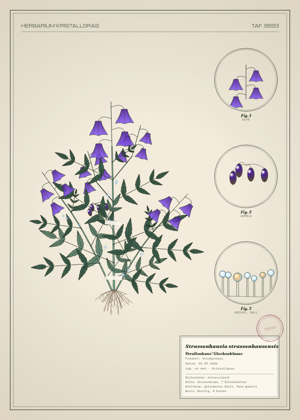 Botanische Tafel: Strassenhausia strassenhausensis, eine erfundene Pflanze aus Straßenhaus, gezeichnet wie in einem alten Pflanzenatlas