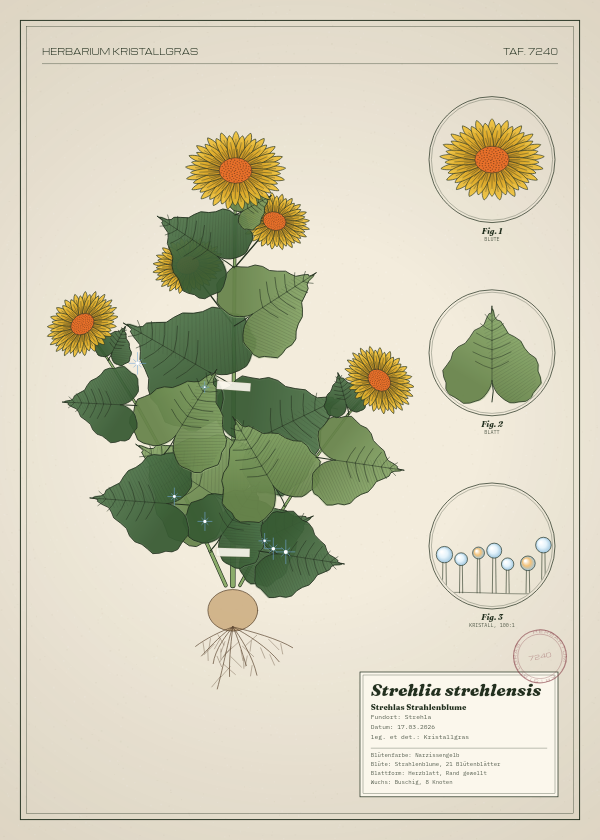 Botanische Tafel: Strehlia strehlensis, eine erfundene Pflanze aus Strehla, gezeichnet wie in einem alten Pflanzenatlas