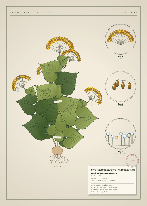 Botanische Tafel: Streithausenia streithausenensis, eine erfundene Pflanze aus Streithausen, gezeichnet wie in einem alten Pflanzenatlas