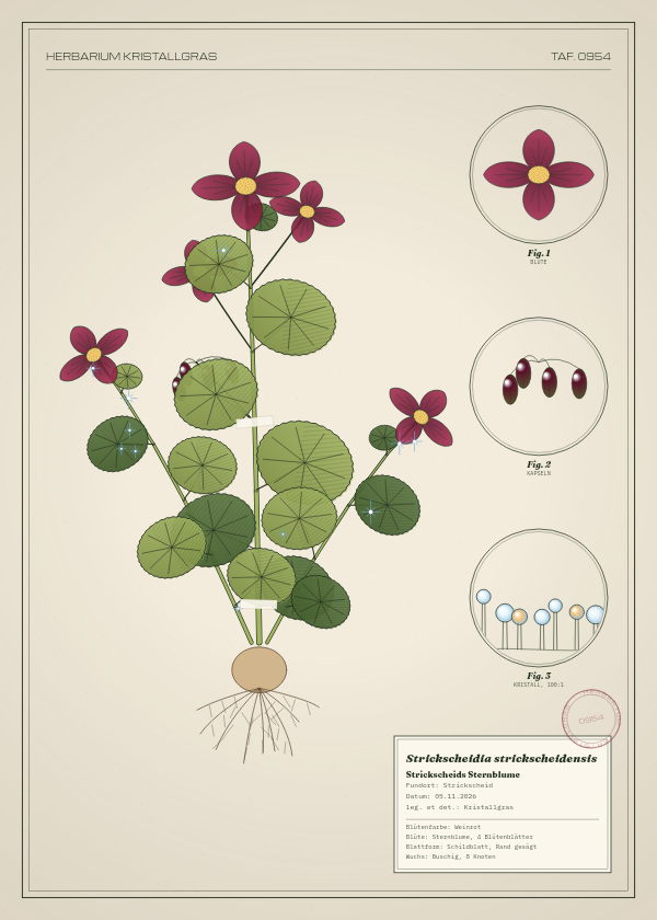 Botanische Tafel: Strickscheidia strickscheidensis, eine erfundene Pflanze aus Strickscheid, gezeichnet wie in einem alten Pflanzenatlas