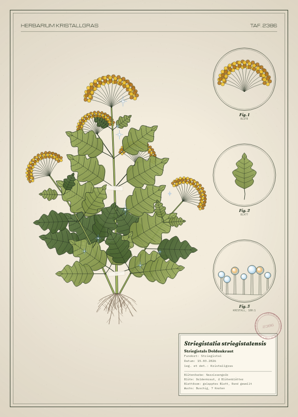 Botanische Tafel: Striegistalia striegistalensis, eine erfundene Pflanze aus Striegistal, gezeichnet wie in einem alten Pflanzenatlas