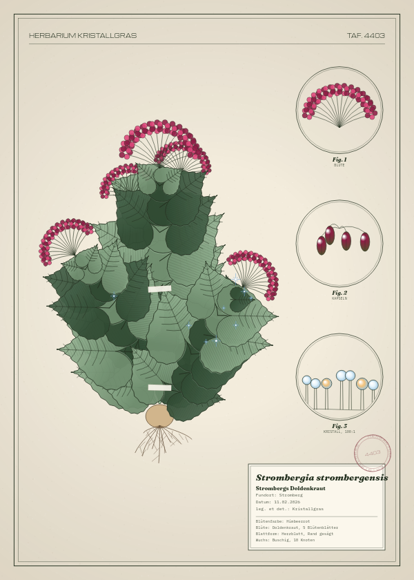 Botanische Tafel: Strombergia strombergensis, eine erfundene Pflanze aus Stromberg, gezeichnet wie in einem alten Pflanzenatlas