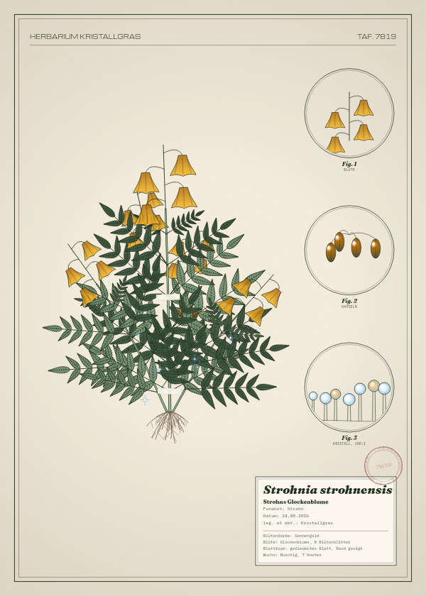 Botanische Tafel: Strohnia strohnensis, eine erfundene Pflanze aus Strohn, gezeichnet wie in einem alten Pflanzenatlas