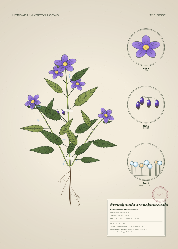 Botanische Tafel: Struckumia struckumensis, eine erfundene Pflanze aus Struckum, gezeichnet wie in einem alten Pflanzenatlas