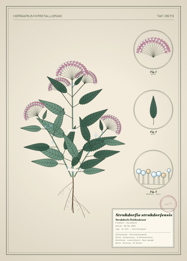 Botanische Tafel: Strukdorfia strukdorfensis, eine erfundene Pflanze aus Strukdorf, gezeichnet wie in einem alten Pflanzenatlas