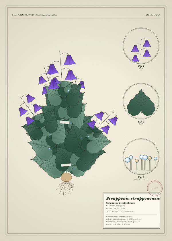 Botanische Tafel: Struppenia struppenensis, eine erfundene Pflanze aus Struppen, gezeichnet wie in einem alten Pflanzenatlas