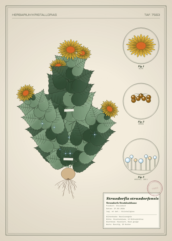 Botanische Tafel: Struxdorfia struxdorfensis, eine erfundene Pflanze aus Struxdorf, gezeichnet wie in einem alten Pflanzenatlas