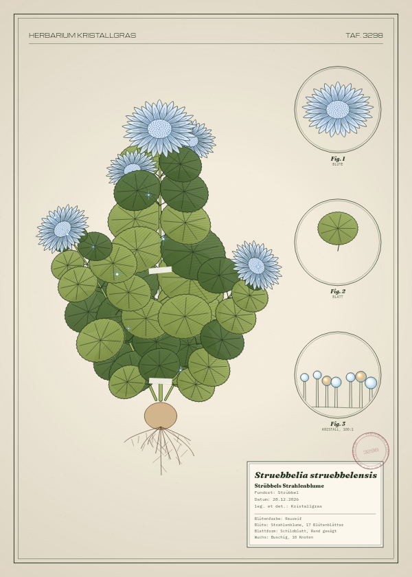 Botanische Tafel: Struebbelia struebbelensis, eine erfundene Pflanze aus Strübbel, gezeichnet wie in einem alten Pflanzenatlas