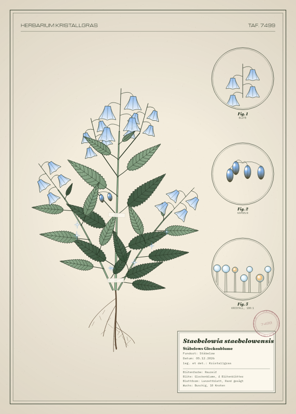 Botanische Tafel: Staebelowia staebelowensis, eine erfundene Pflanze aus Stäbelow, gezeichnet wie in einem alten Pflanzenatlas