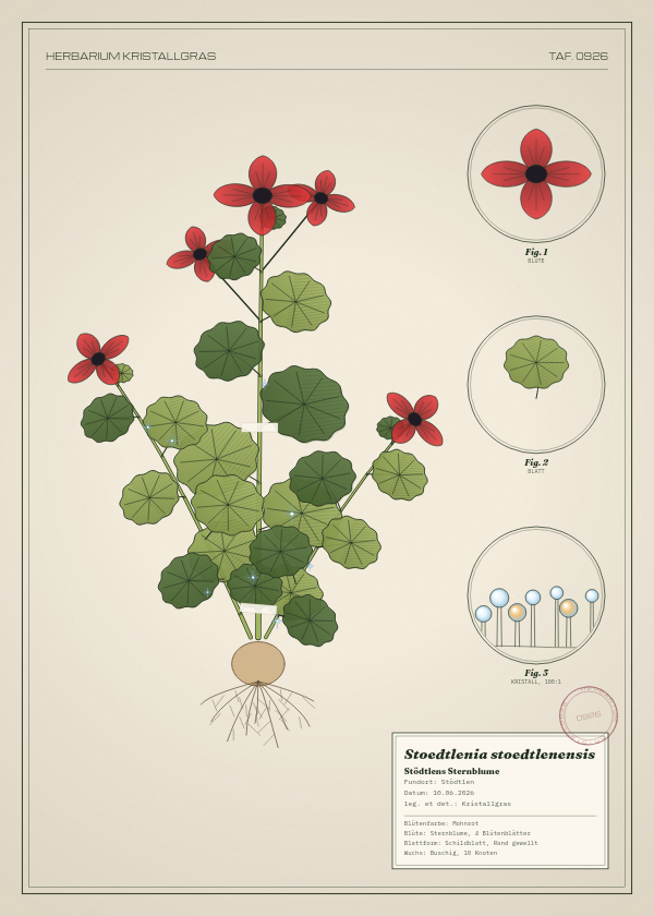 Botanische Tafel: Stoedtlenia stoedtlenensis, eine erfundene Pflanze aus Stödtlen, gezeichnet wie in einem alten Pflanzenatlas