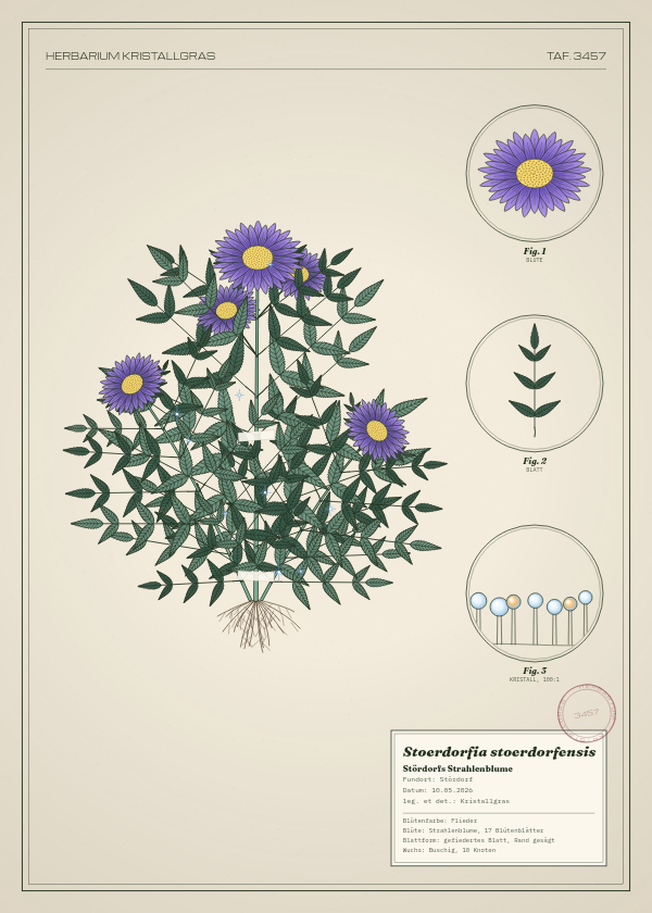Botanische Tafel: Stoerdorfia stoerdorfensis, eine erfundene Pflanze aus Stördorf, gezeichnet wie in einem alten Pflanzenatlas