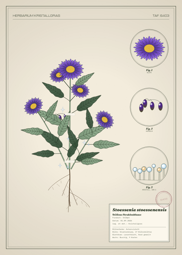 Botanische Tafel: Stoessenia stoessenensis, eine erfundene Pflanze aus Stößen, gezeichnet wie in einem alten Pflanzenatlas