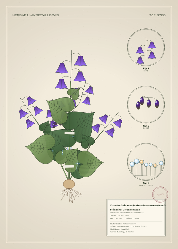 Botanische Tafel: Stuedenitzia stuedenitzschoenermarkensis, eine erfundene Pflanze aus Stüdenitz-Schönermark, gezeichnet wie in einem alten Pflanzenatlas