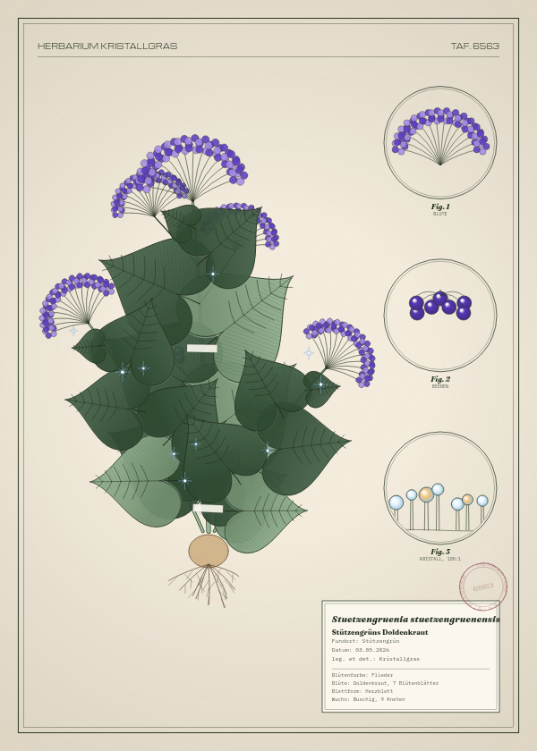 Botanische Tafel: Stuetzengruenia stuetzengruenensis, eine erfundene Pflanze aus Stützengrün, gezeichnet wie in einem alten Pflanzenatlas