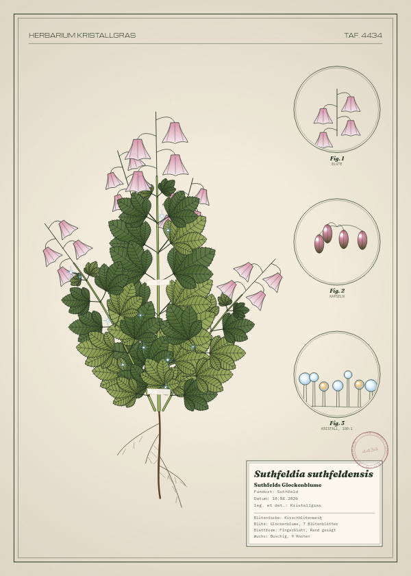 Botanische Tafel: Suthfeldia suthfeldensis, eine erfundene Pflanze aus Suthfeld, gezeichnet wie in einem alten Pflanzenatlas