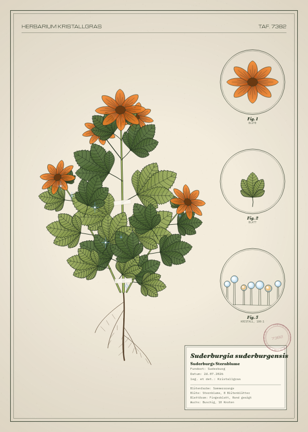 Botanische Tafel: Suderburgia suderburgensis, eine erfundene Pflanze aus Suderburg, gezeichnet wie in einem alten Pflanzenatlas