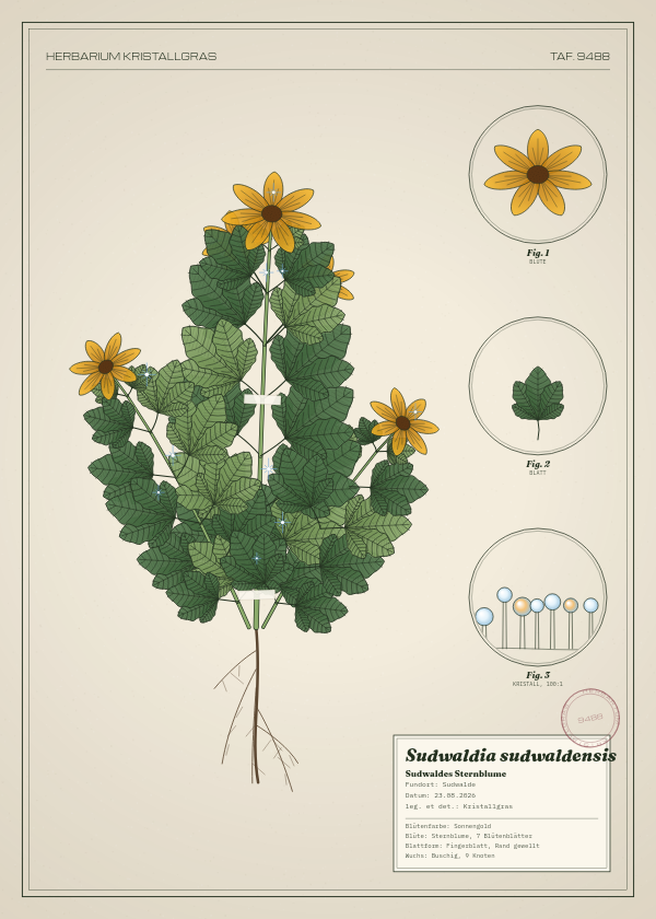 Botanische Tafel: Sudwaldia sudwaldensis, eine erfundene Pflanze aus Sudwalde, gezeichnet wie in einem alten Pflanzenatlas