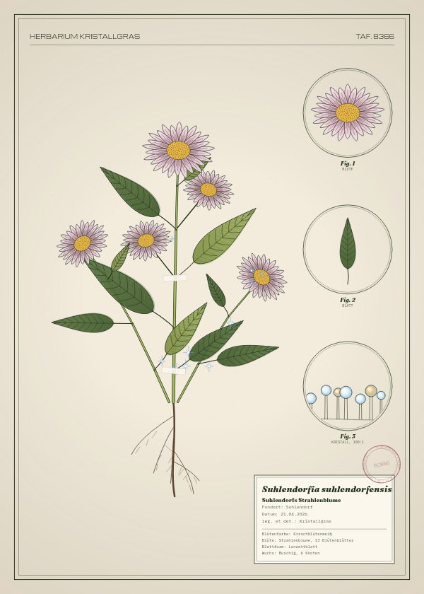 Botanische Tafel: Suhlendorfia suhlendorfensis, eine erfundene Pflanze aus Suhlendorf, gezeichnet wie in einem alten Pflanzenatlas