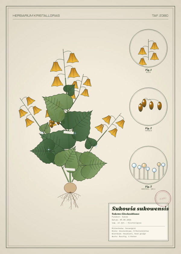 Botanische Tafel: Sukowia sukowensis, eine erfundene Pflanze aus Sukow, gezeichnet wie in einem alten Pflanzenatlas