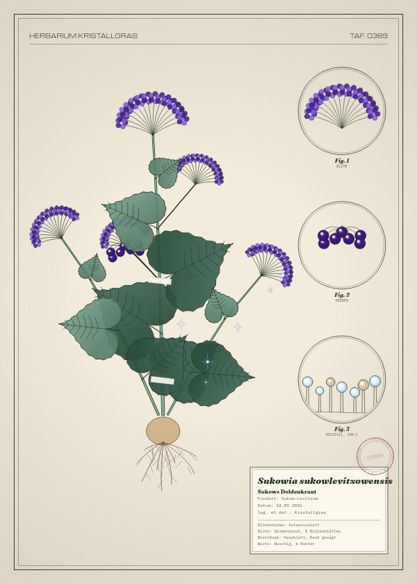 Botanische Tafel: Sukowia sukowlevitzowensis, eine erfundene Pflanze aus Sukow-Levitzow, gezeichnet wie in einem alten Pflanzenatlas