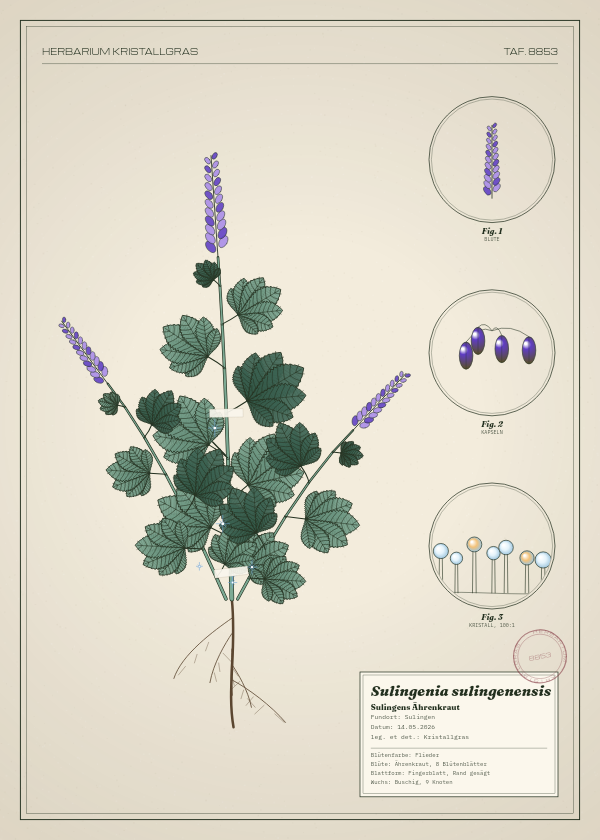 Botanische Tafel: Sulingenia sulingenensis, eine erfundene Pflanze aus Sulingen, gezeichnet wie in einem alten Pflanzenatlas
