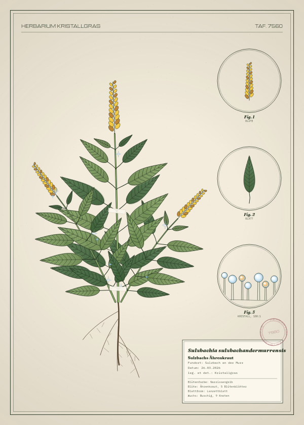 Botanische Tafel: Sulzbachia sulzbachandermurrensis, eine erfundene Pflanze aus Sulzbach an der Murr, gezeichnet wie in einem alten Pflanzenatlas