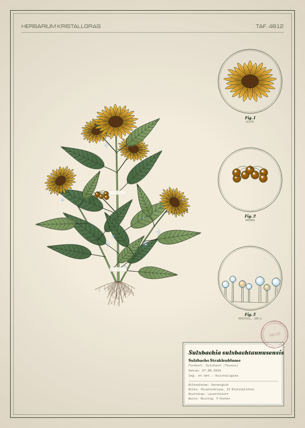 Botanische Tafel: Sulzbachia sulzbachtaunusensis, eine erfundene Pflanze aus Sulzbach (Taunus), gezeichnet wie in einem alten Pflanzenatlas