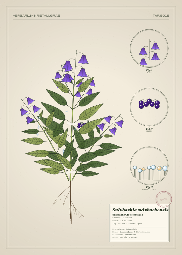 Botanische Tafel: Sulzbachia sulzbachensis, eine erfundene Pflanze aus Sulzbach, gezeichnet wie in einem alten Pflanzenatlas
