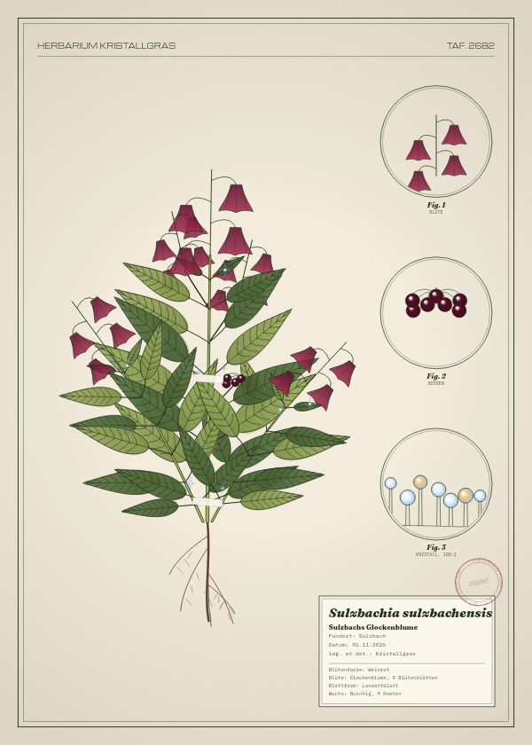 Botanische Tafel: Sulzbachia sulzbachensis, eine erfundene Pflanze aus Sulzbach, gezeichnet wie in einem alten Pflanzenatlas