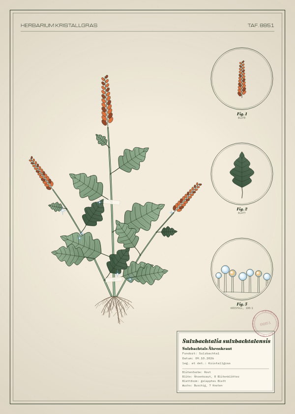 Botanische Tafel: Sulzbachtalia sulzbachtalensis, eine erfundene Pflanze aus Sulzbachtal, gezeichnet wie in einem alten Pflanzenatlas
