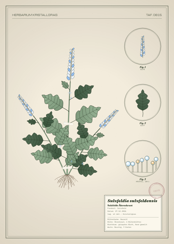Botanische Tafel: Sulzfeldia sulzfeldensis, eine erfundene Pflanze aus Sulzfeld, gezeichnet wie in einem alten Pflanzenatlas