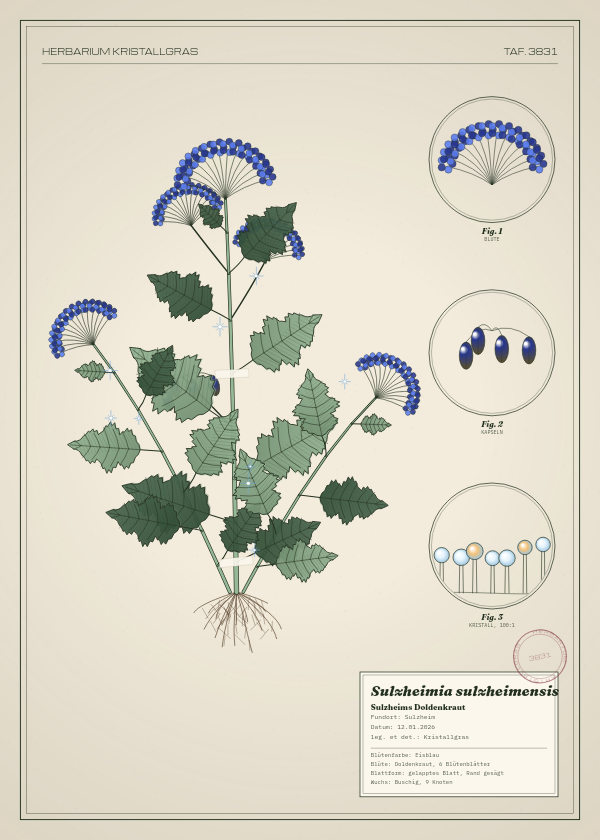Botanische Tafel: Sulzheimia sulzheimensis, eine erfundene Pflanze aus Sulzheim, gezeichnet wie in einem alten Pflanzenatlas