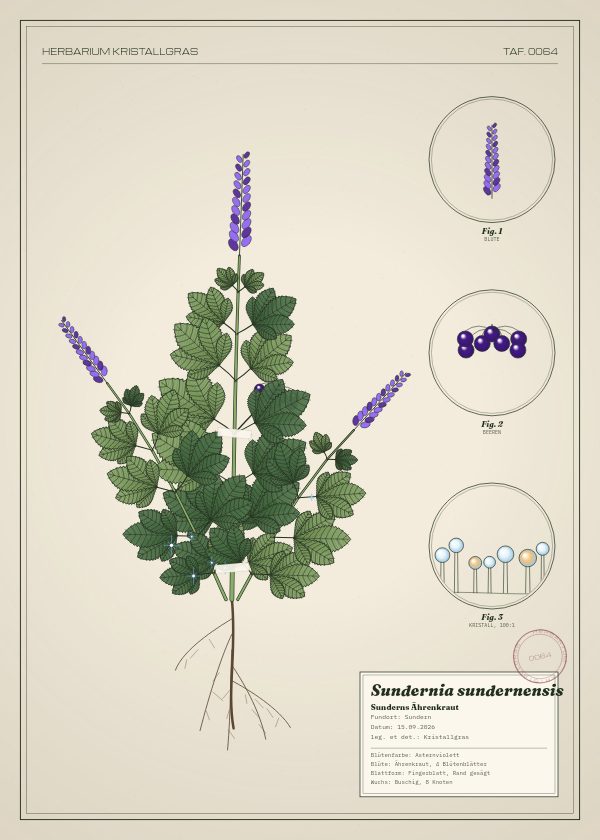 Botanische Tafel: Sundernia sundernensis, eine erfundene Pflanze aus Sundern, gezeichnet wie in einem alten Pflanzenatlas