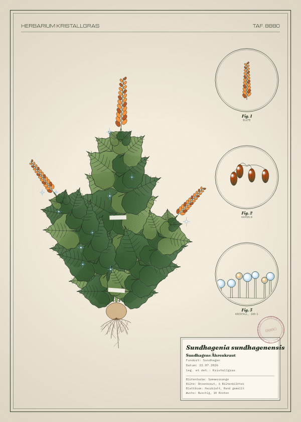 Botanische Tafel: Sundhagenia sundhagenensis, eine erfundene Pflanze aus Sundhagen, gezeichnet wie in einem alten Pflanzenatlas