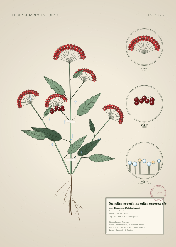 Botanische Tafel: Sundhausenia sundhausenensis, eine erfundene Pflanze aus Sundhausen, gezeichnet wie in einem alten Pflanzenatlas