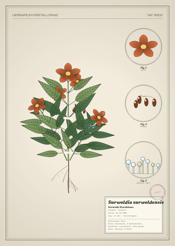 Botanische Tafel: Surwoldia surwoldensis, eine erfundene Pflanze aus Surwold, gezeichnet wie in einem alten Pflanzenatlas