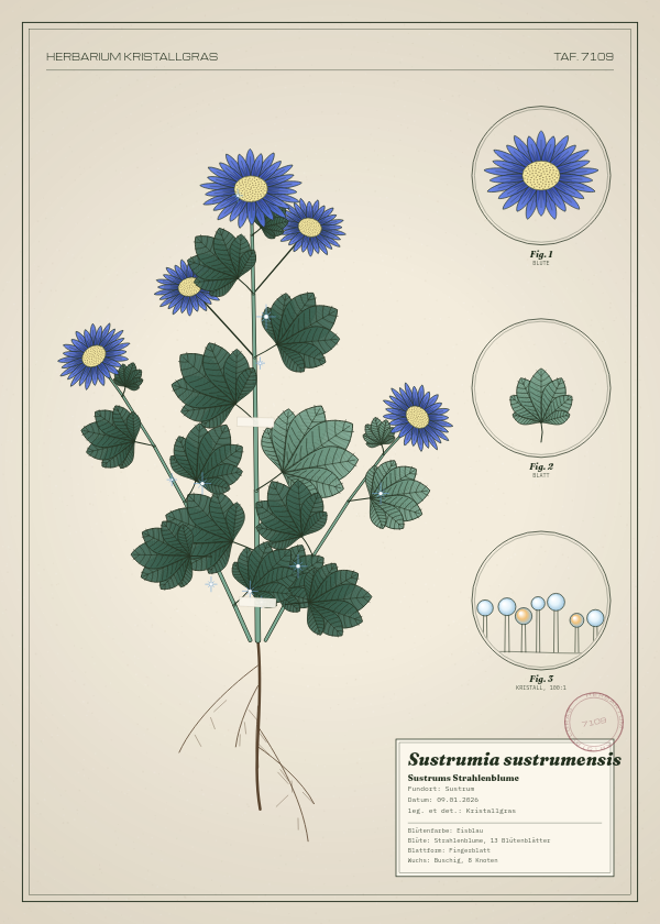 Botanische Tafel: Sustrumia sustrumensis, eine erfundene Pflanze aus Sustrum, gezeichnet wie in einem alten Pflanzenatlas