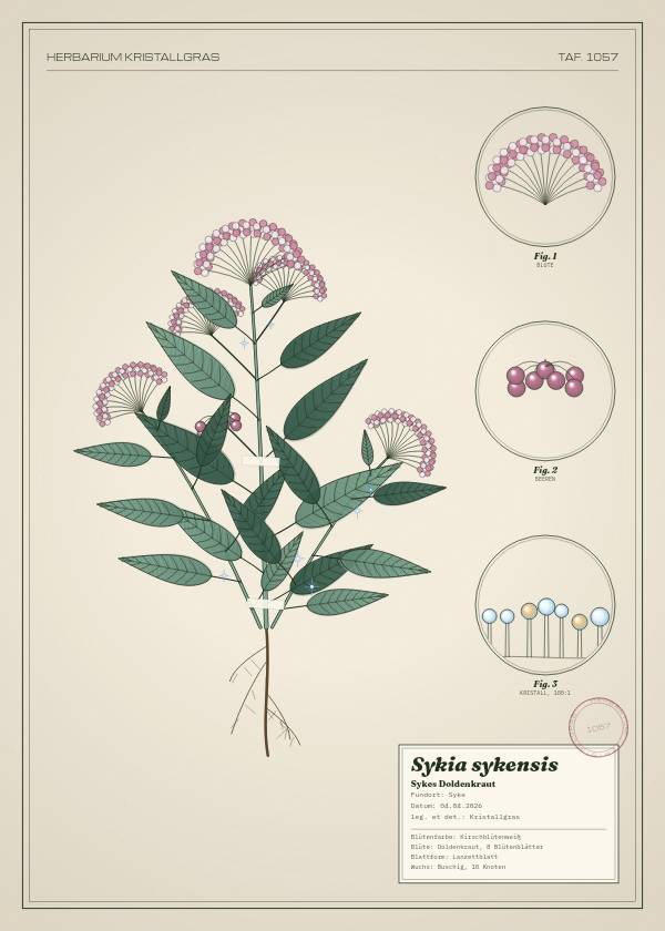 Botanische Tafel: Sykia sykensis, eine erfundene Pflanze aus Syke, gezeichnet wie in einem alten Pflanzenatlas