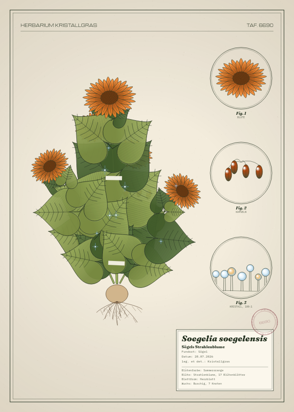 Botanische Tafel: Soegelia soegelensis, eine erfundene Pflanze aus Sögel, gezeichnet wie in einem alten Pflanzenatlas