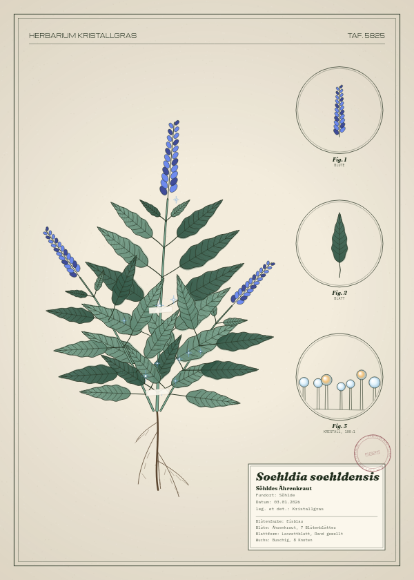 Botanische Tafel: Soehldia soehldensis, eine erfundene Pflanze aus Söhlde, gezeichnet wie in einem alten Pflanzenatlas
