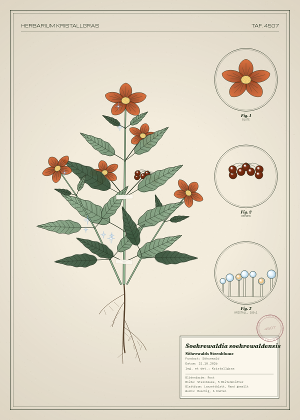 Botanische Tafel: Soehrewaldia soehrewaldensis, eine erfundene Pflanze aus Söhrewald, gezeichnet wie in einem alten Pflanzenatlas