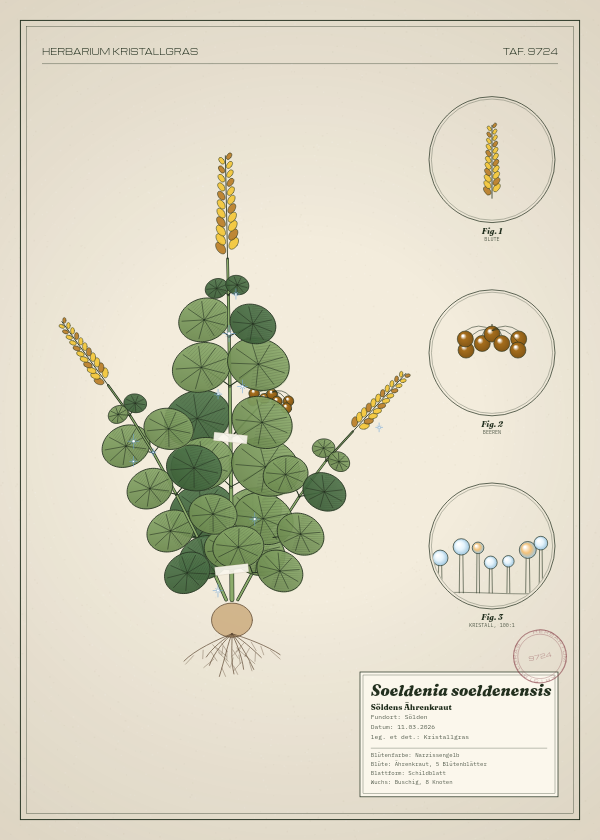 Botanische Tafel: Soeldenia soeldenensis, eine erfundene Pflanze aus Sölden, gezeichnet wie in einem alten Pflanzenatlas